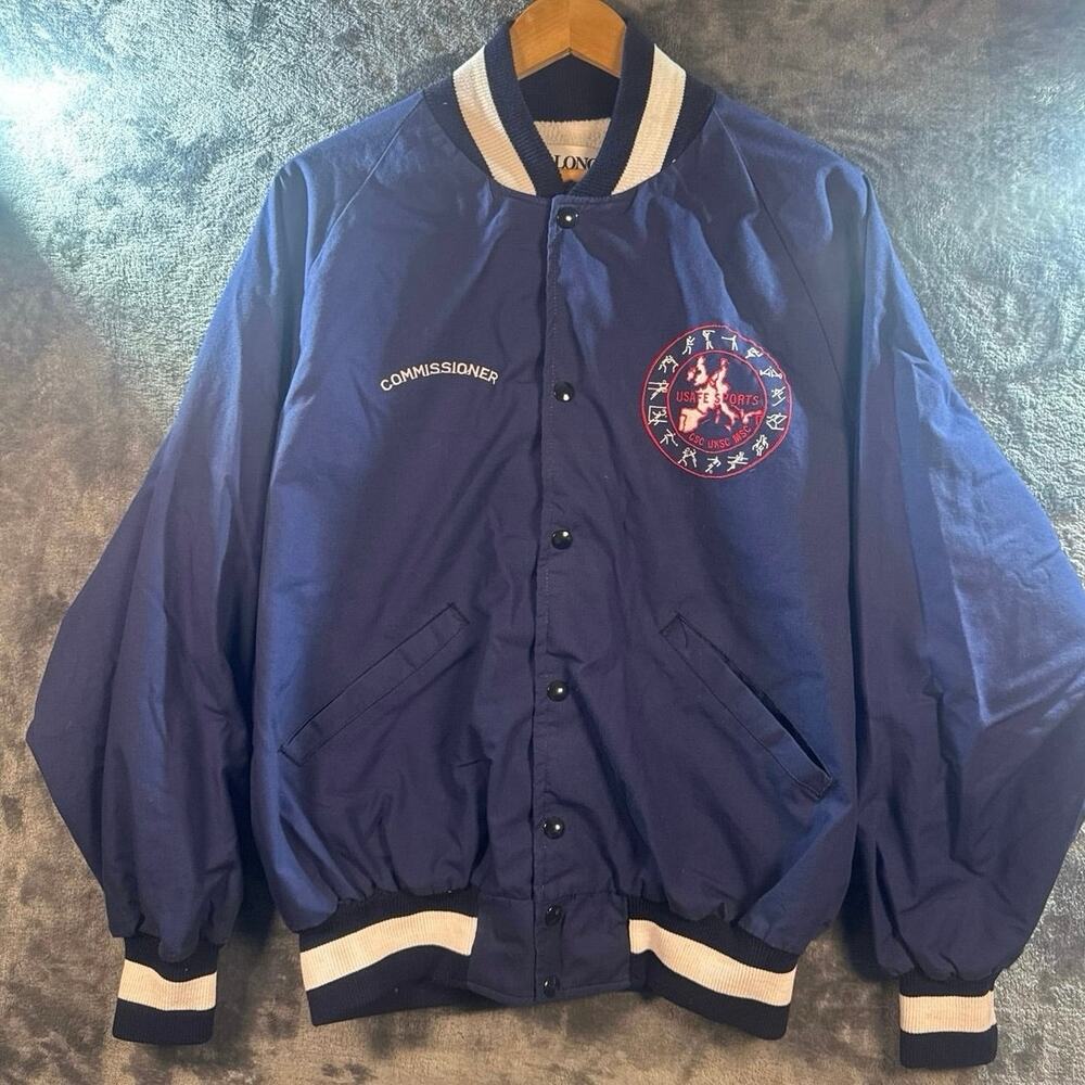 VTG 90s DeLong USAFE Sports Military Stadium Varsity Jacket Large Blue USA!